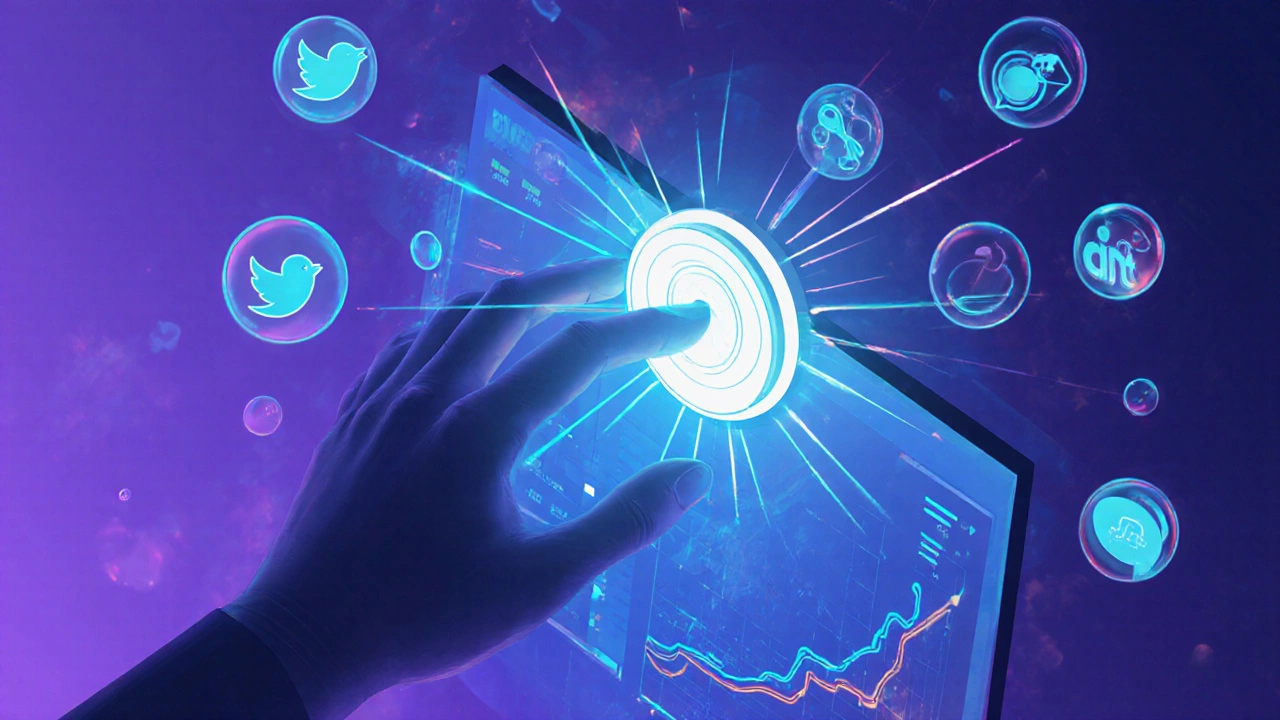 A content creator celebrates a new blog post, with abstract social icons and rising analytics graph.