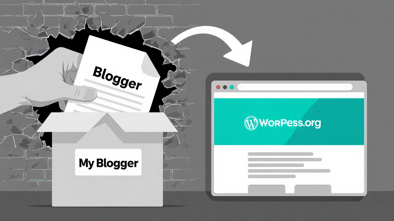 A hand placing a Blogger export file into a backup box as a digital path leads to a new WordPress site.