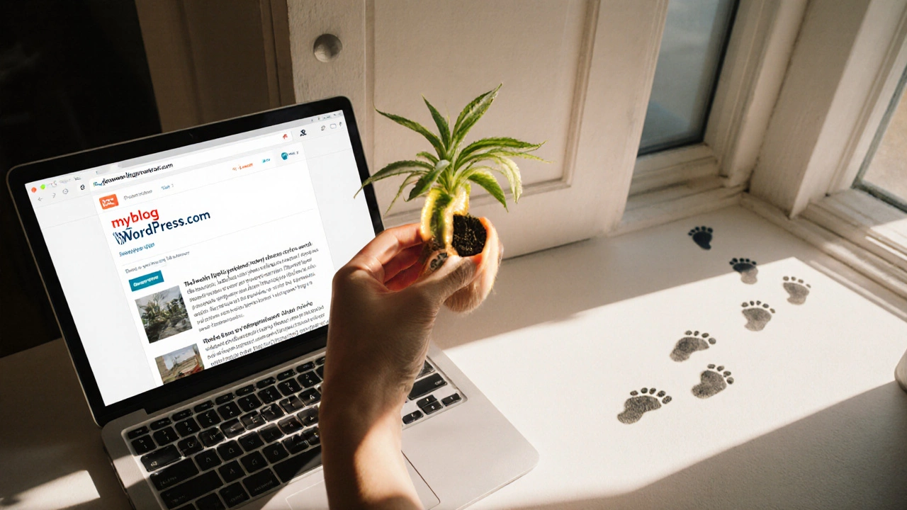 A small plant placed on a windowsill next to a laptop showing a published blog post