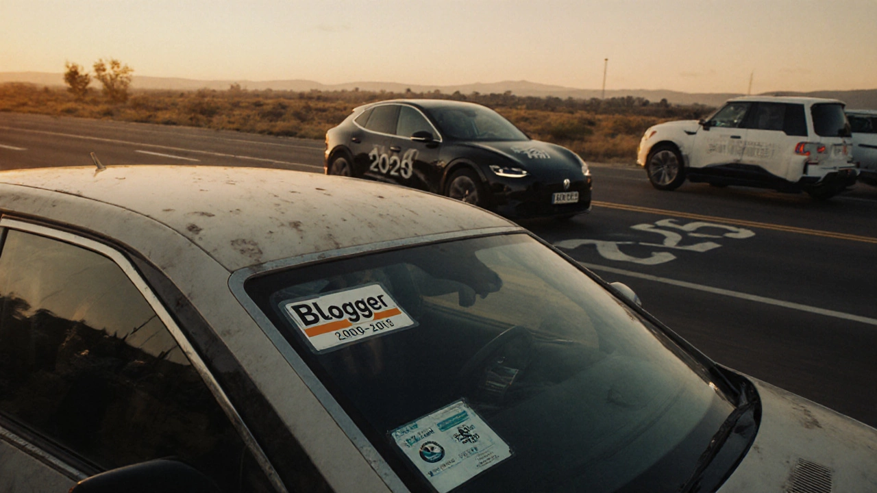 An aging car labeled 'Blogger' left behind by modern blogging platforms on a road marked 2025.
