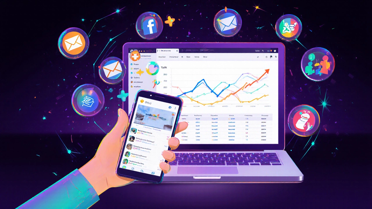 Blogger celebrating traffic gains with analytics graph and social media icons.