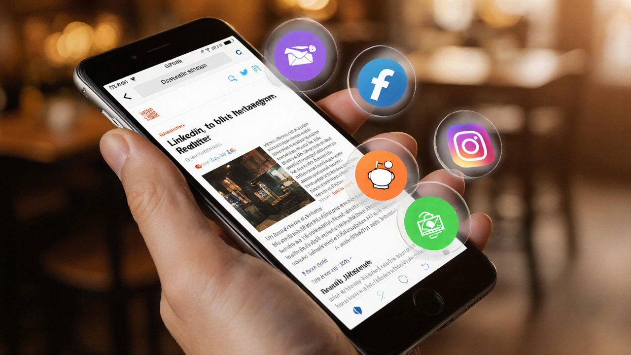 Close‑up of a hand holding a phone with floating icons for search, social, email, and aggregators.