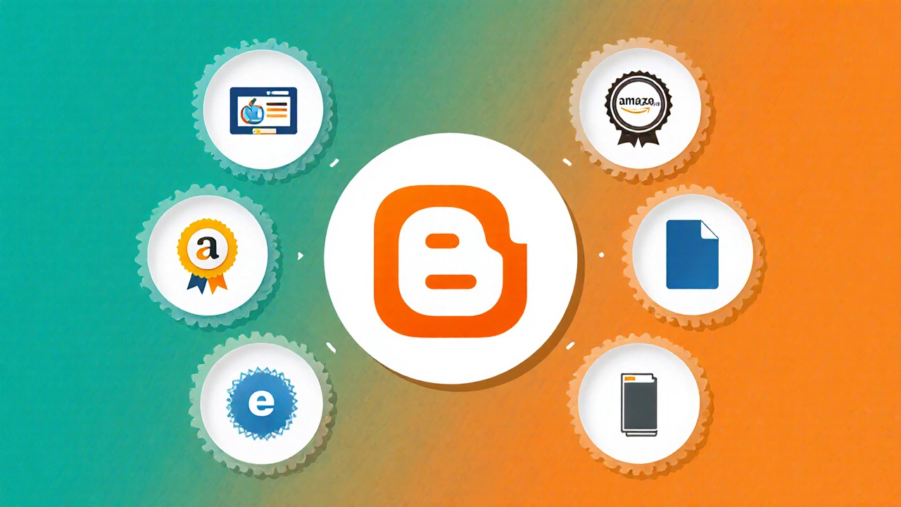 Colorful illustration of ad, affiliate, sponsored, and product icons surrounding the Blogger logo.