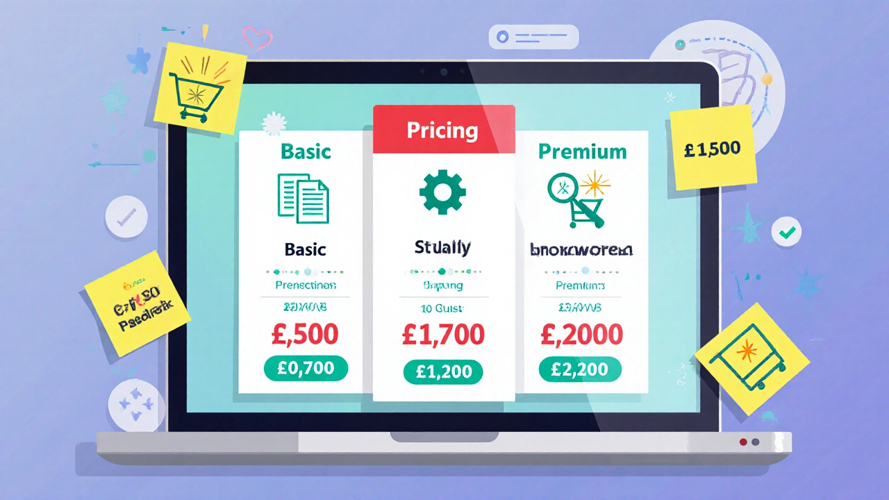 Colorful tiered pricing sheet on a laptop screen, highlighting basic, standard, and premium web design packages.