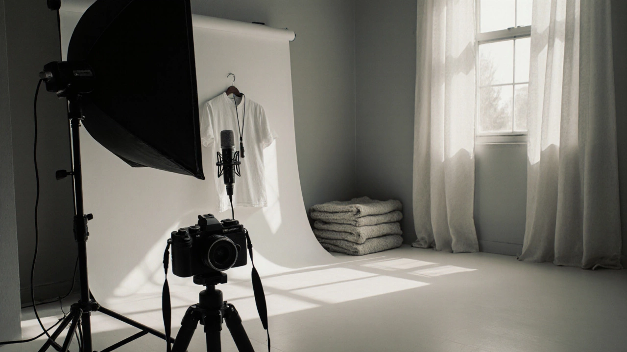 Compact recording setup with camera, lights, mic, and acoustic blanket.