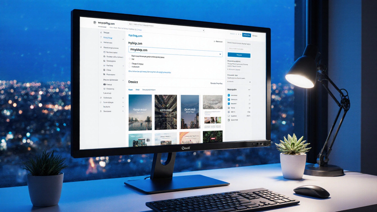 Computer screen showing WordPress dashboard with domain and theme selection.