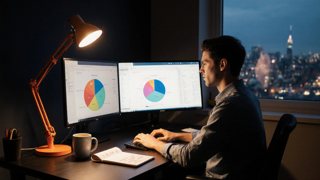 Content creator working at a desk with monitors showing analytics and a comment thread.