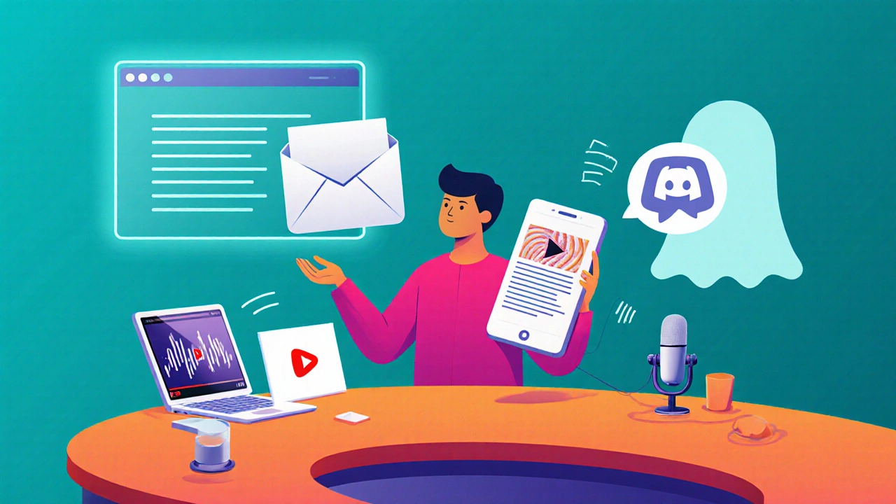 Creator surrounded by devices representing newsletter, video, short clips, podcast mic, chat community, and minimalist website.