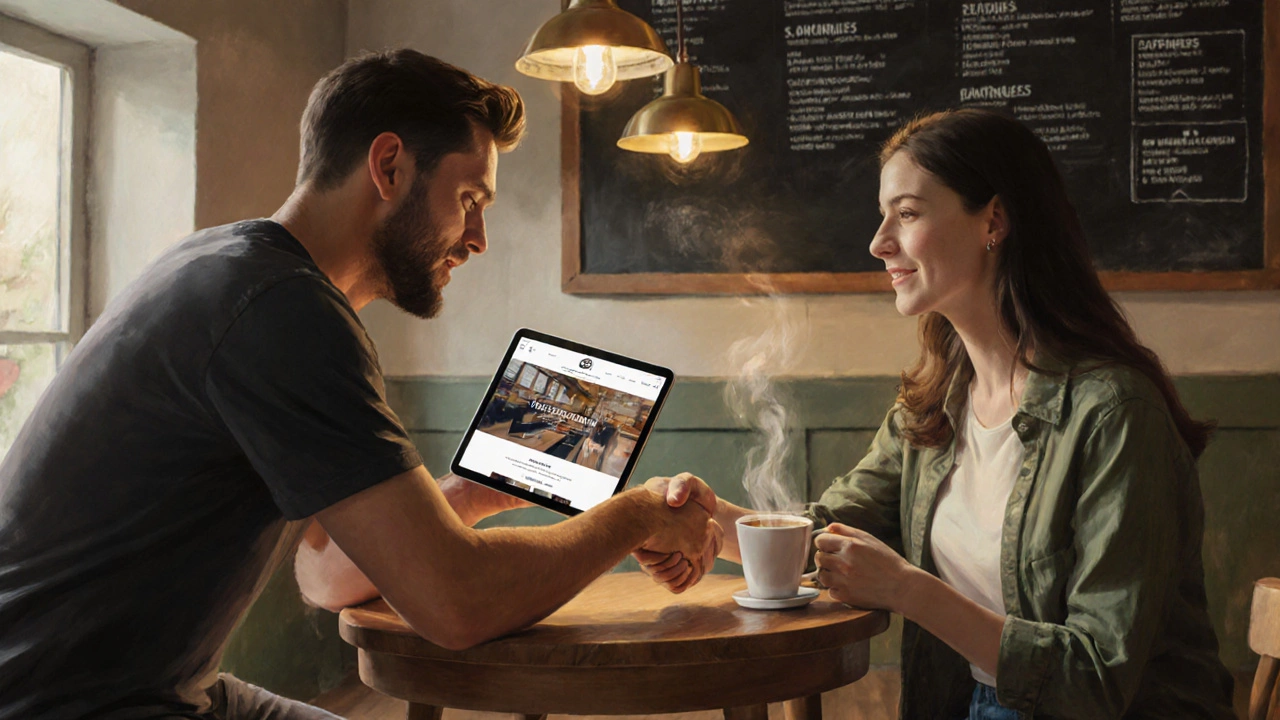 Designer presenting a coffee shop website mockup to a client, both smiling and shaking hands.