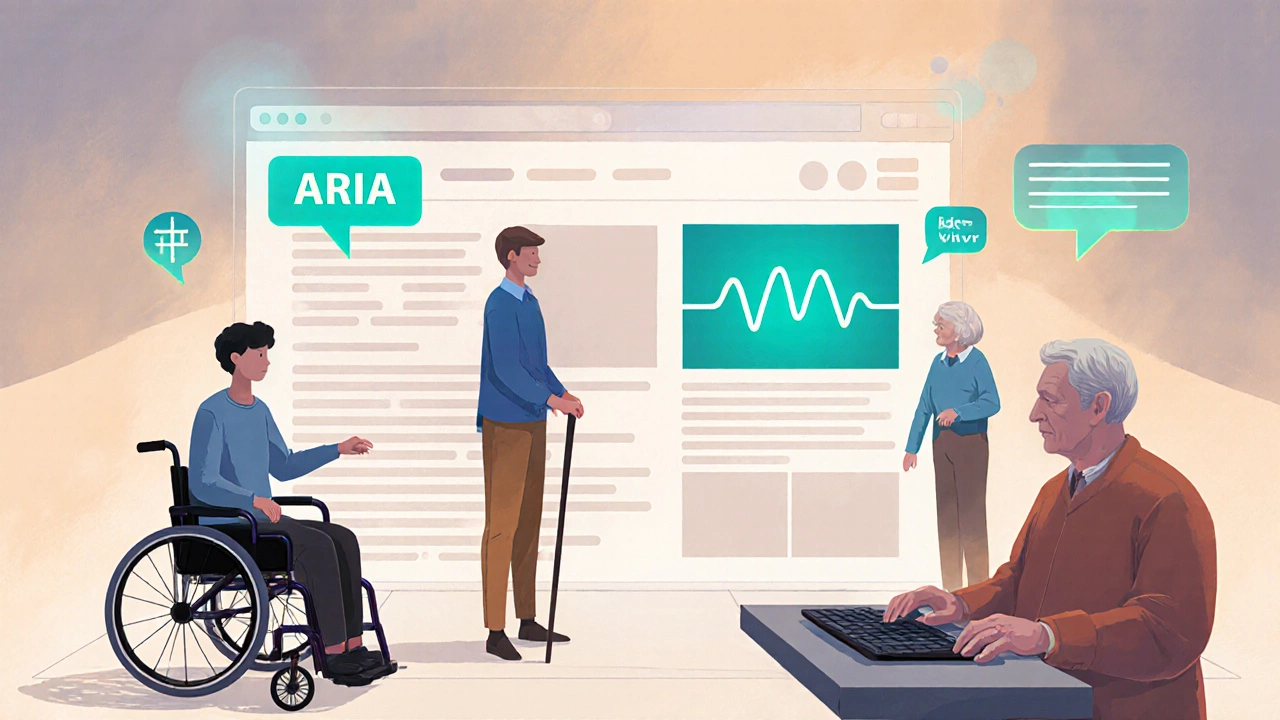 Digital painting showing diverse users accessing a high‑contrast, ARIA‑labeled website.
