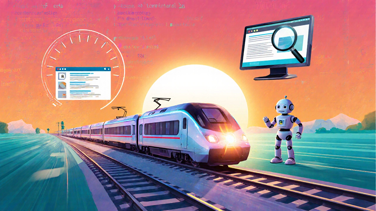 Fast‑moving website train racing past a search‑engine robot and a smartphone, symbolizing performance and SEO.