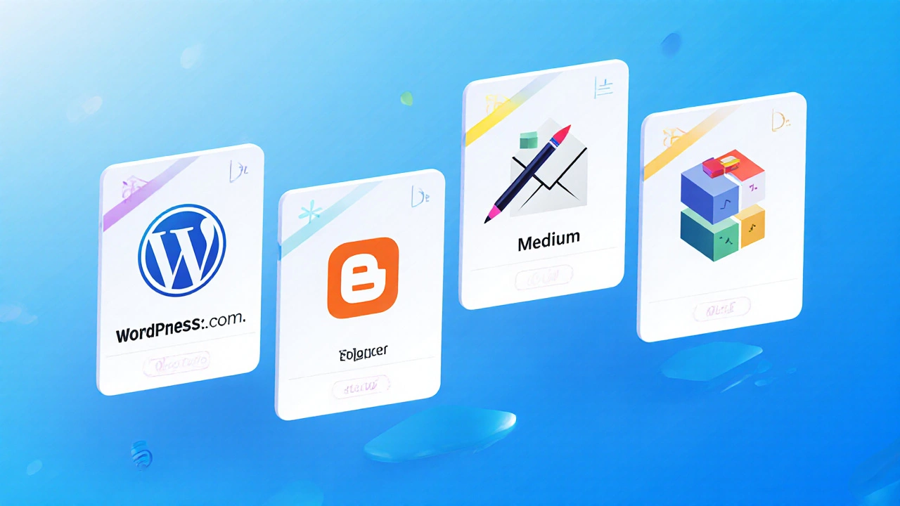 Five free blogging platforms shown as floating digital cards with unique icons
