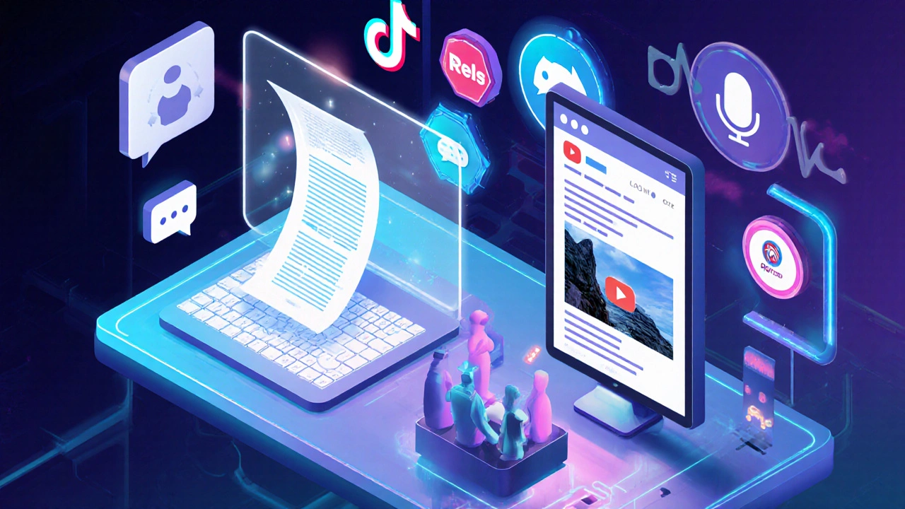 Futuristic isometric scene with AI writing, video embed, community hub, and voice search.