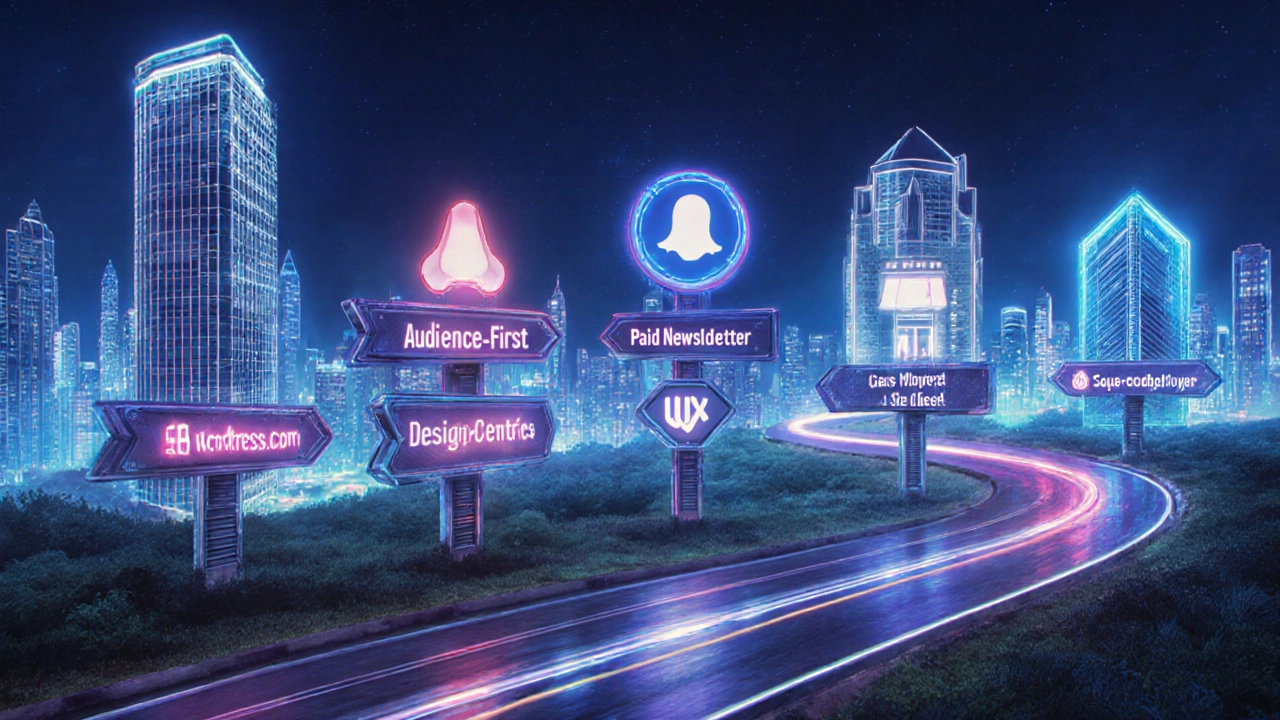 Futuristic road with signposts linking blog goals to platforms like WordPress, Medium, Substack.