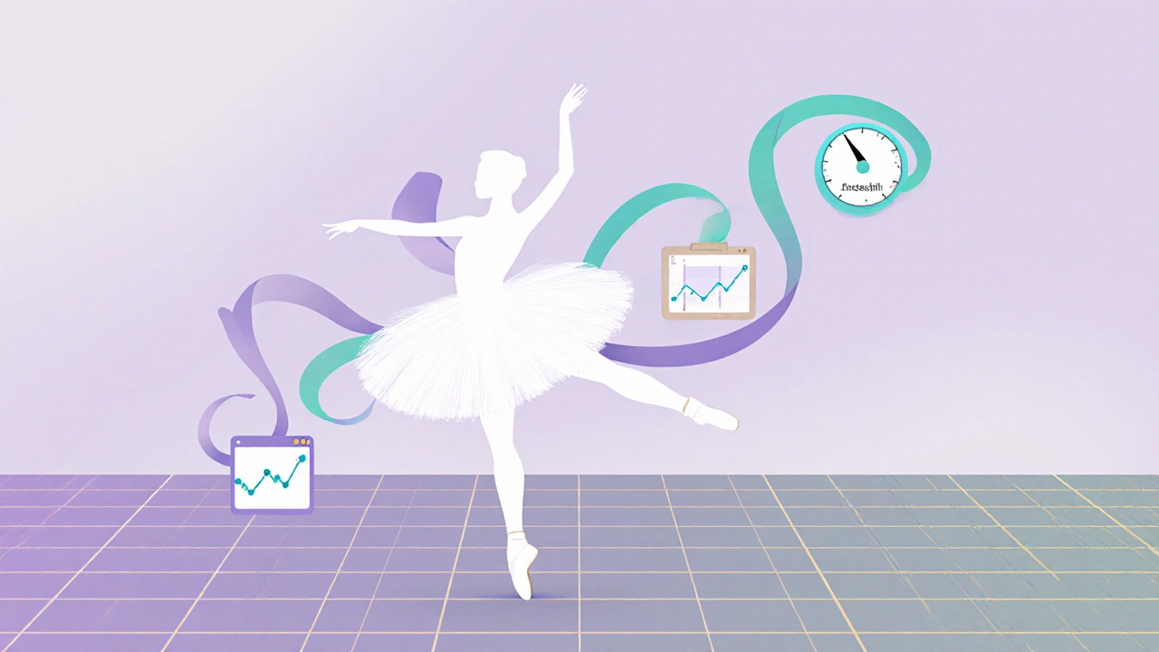 Graceful dancer on a responsive grid surrounded by icons for accessibility, speed, and analytics, illustrating balanced web design.