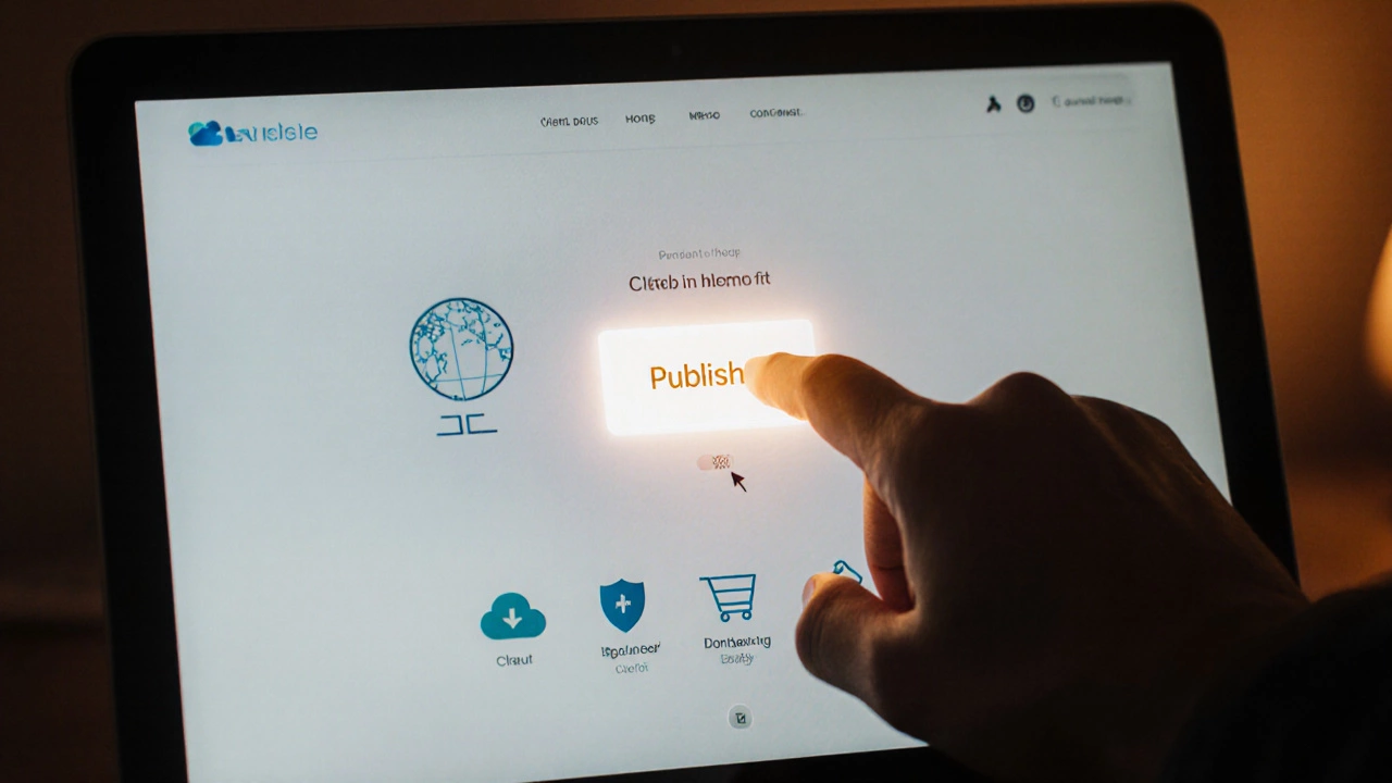 Hand pressing a publish button, site going live with subtle upgrade symbols in background.