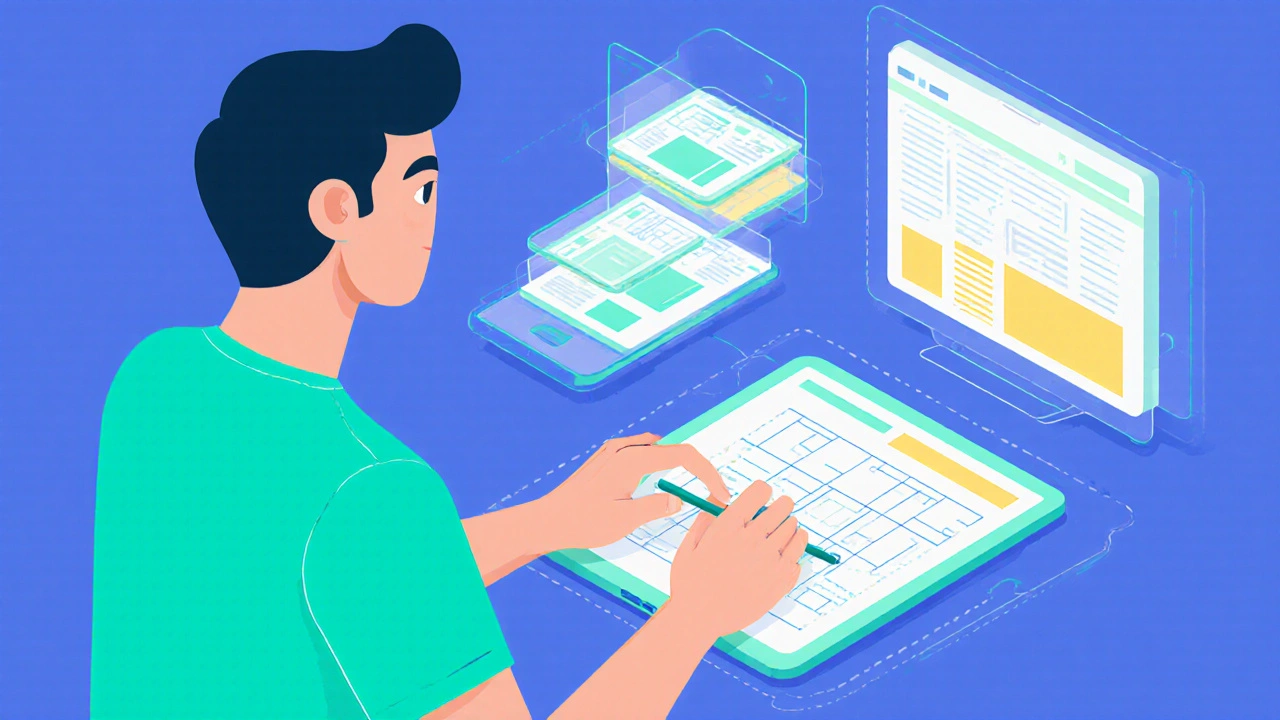 Illustration of a designer sketching a mobile‑first layout on a tablet with responsive device outlines.