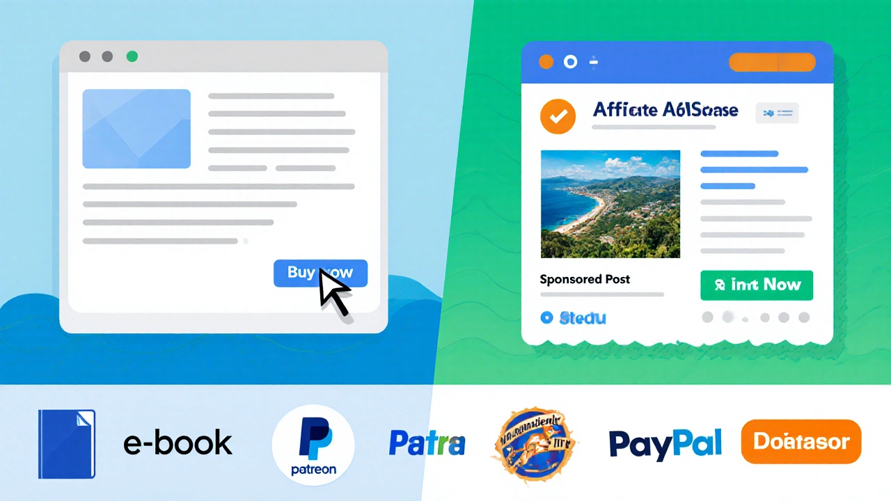 Illustration showing ads, affiliate links, sponsored post, digital product, and donation icons.