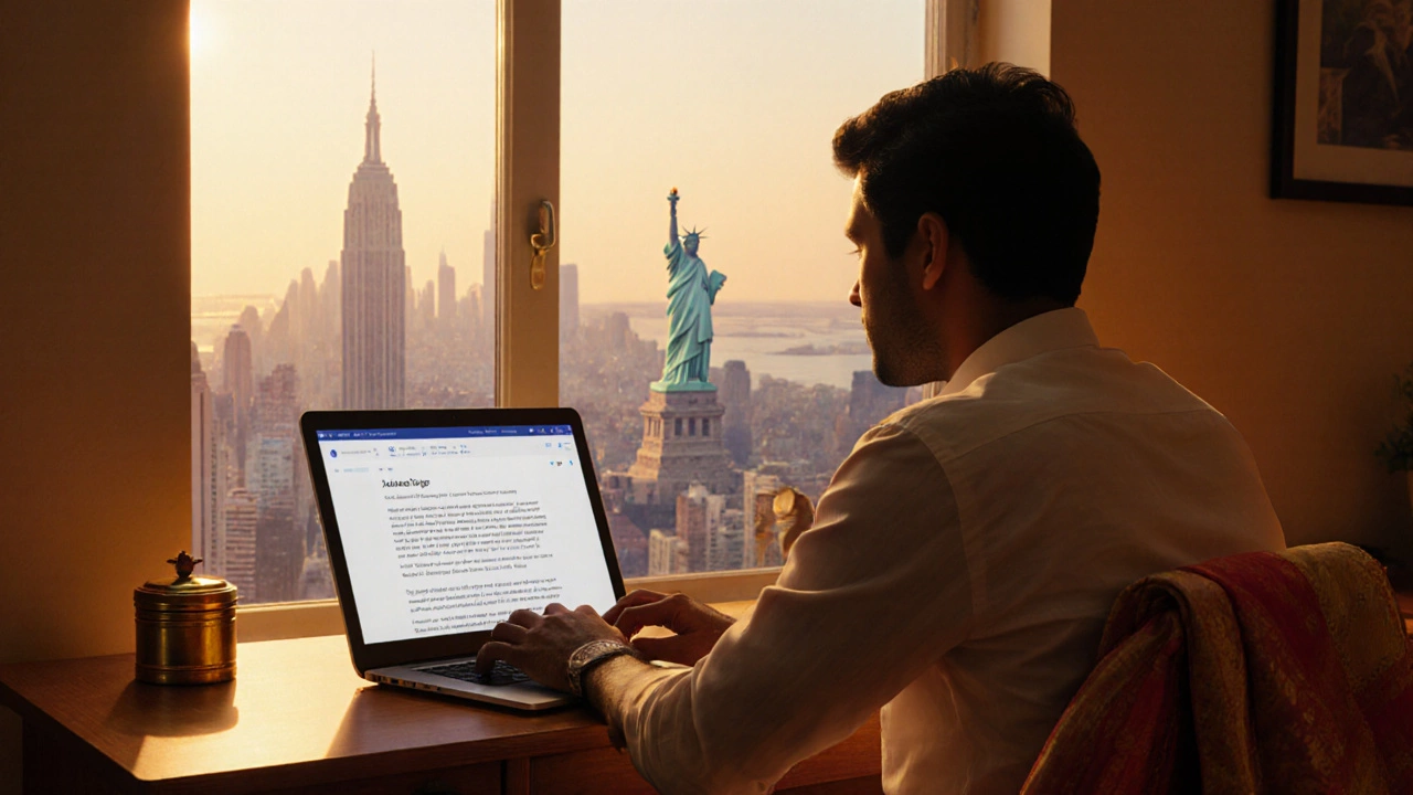Indian blogger working on a laptop with a US city skyline visible behind.