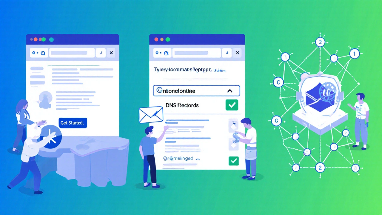 Isometric illustration of three steps to register a free .tk domain.