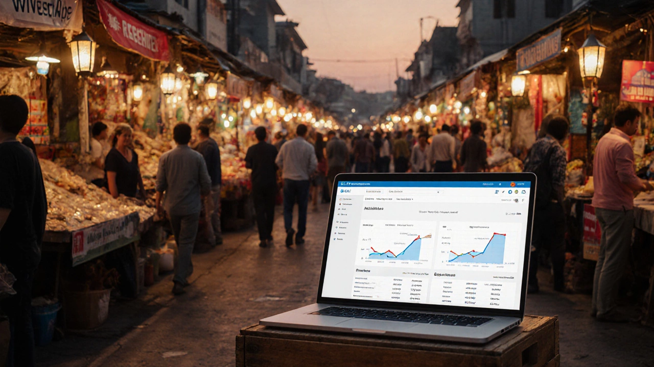 Market stall scene representing various website monetization methods with analytics on a laptop.