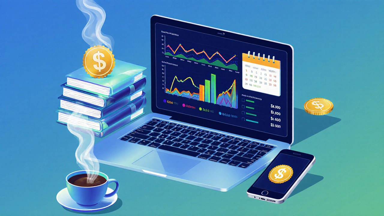 Overhead view of a computer screen showing earnings graphs, dollar symbols, and a coffee cup.