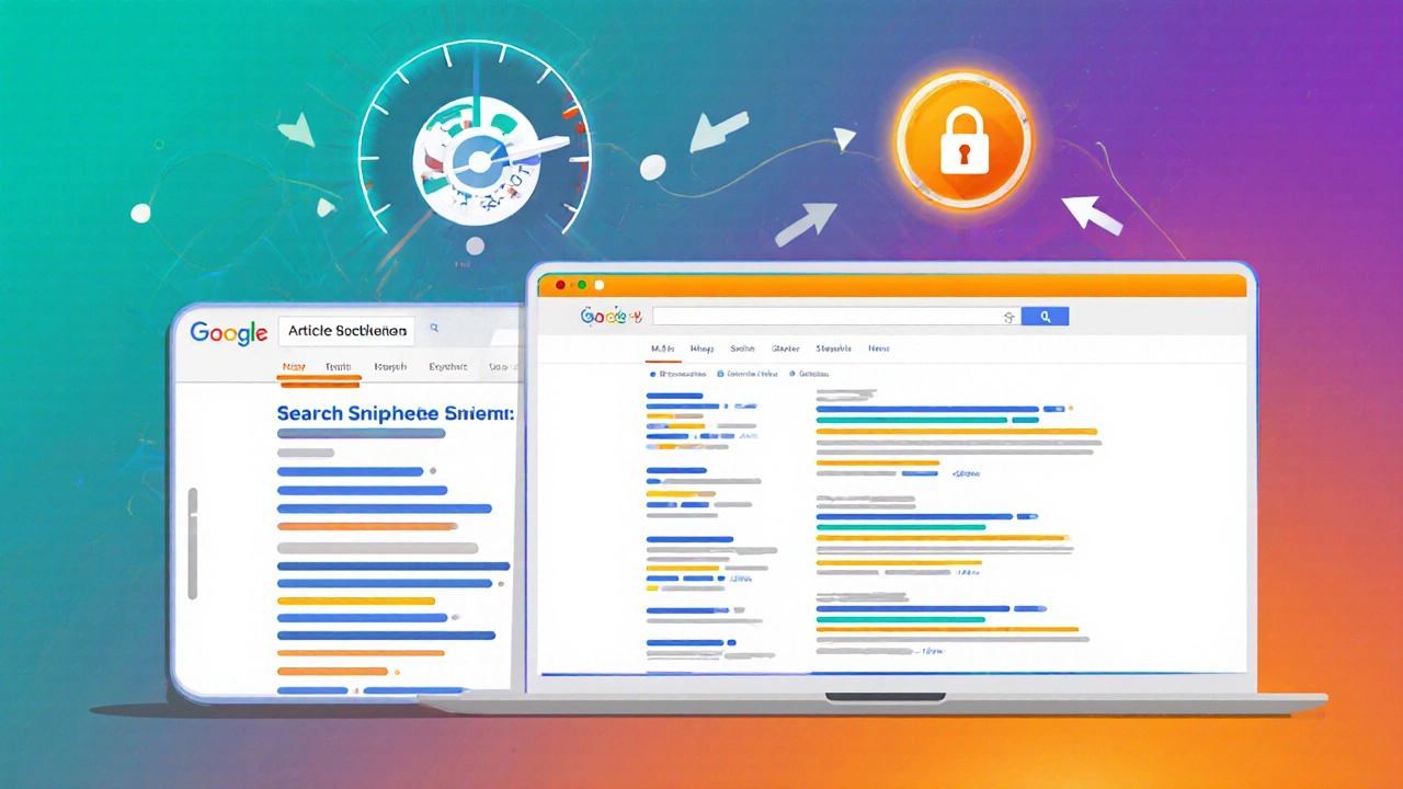 Phone and laptop display indexed WordPress site with rich snippet, speedometer, and HTTPS lock.