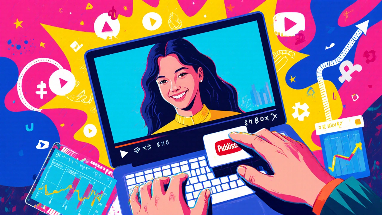 Pop‑art scene of vlogger clicking publish, thumbnail and analytics icons.