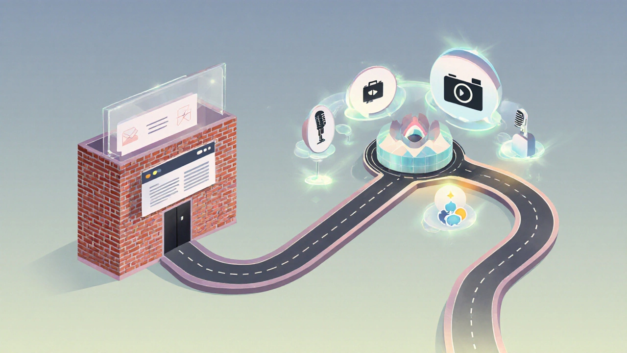 Roadmap guiding a blog migration from an old site to a modern hub with branches to various content platforms.
