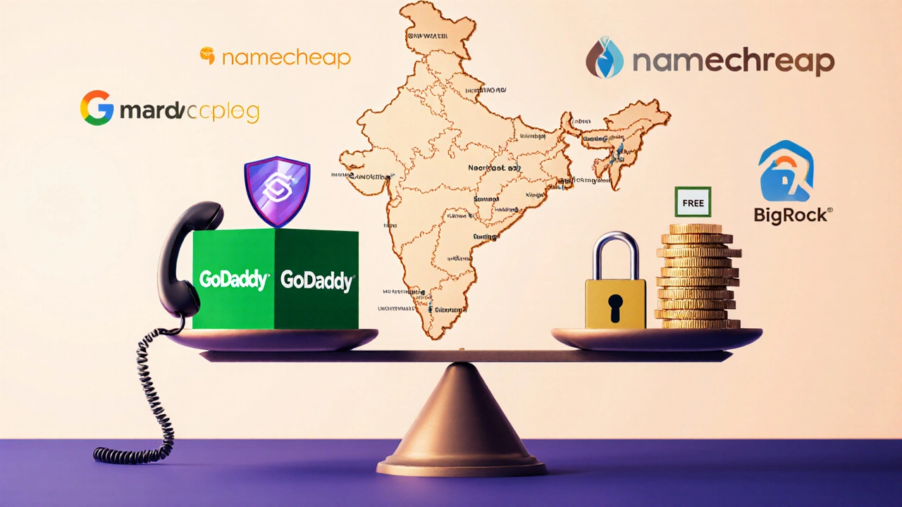 Scale balancing GoDaddy symbols against cheaper alternatives, set against a faint Indian map background.