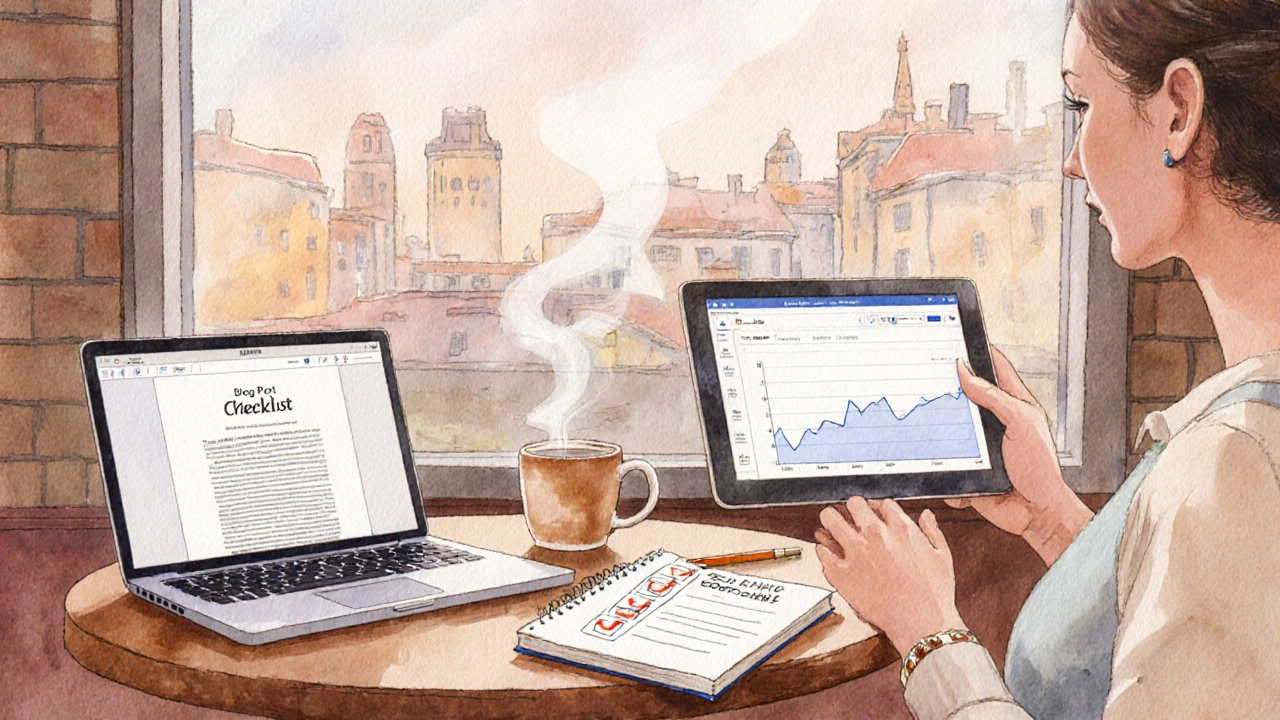 Solo writer in café with laptop, checklist, and coffee, feeling relaxed.