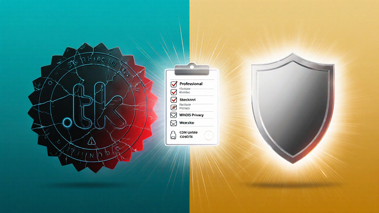 Split image contrasting a shady .tk domain with a secure .com domain and checklist icons.