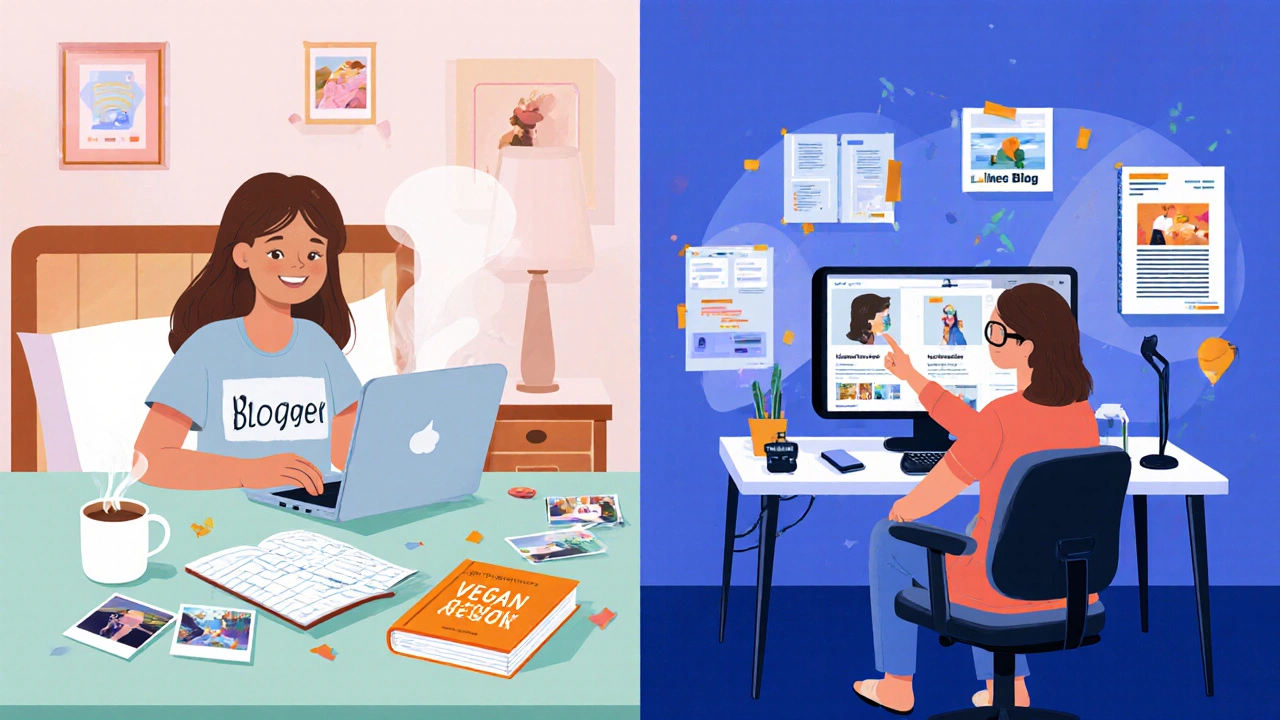 Split view showing a personal blog workspace and a niche blog workspace.