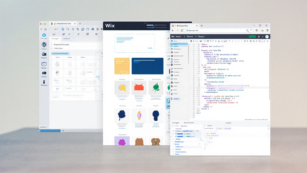 Split view showing WordPress editor, Wix drag‑and‑drop, and GitHub code repository interfaces.