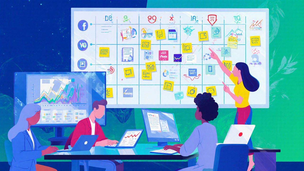 Team reviewing a colorful content calendar and analytics graphs.
