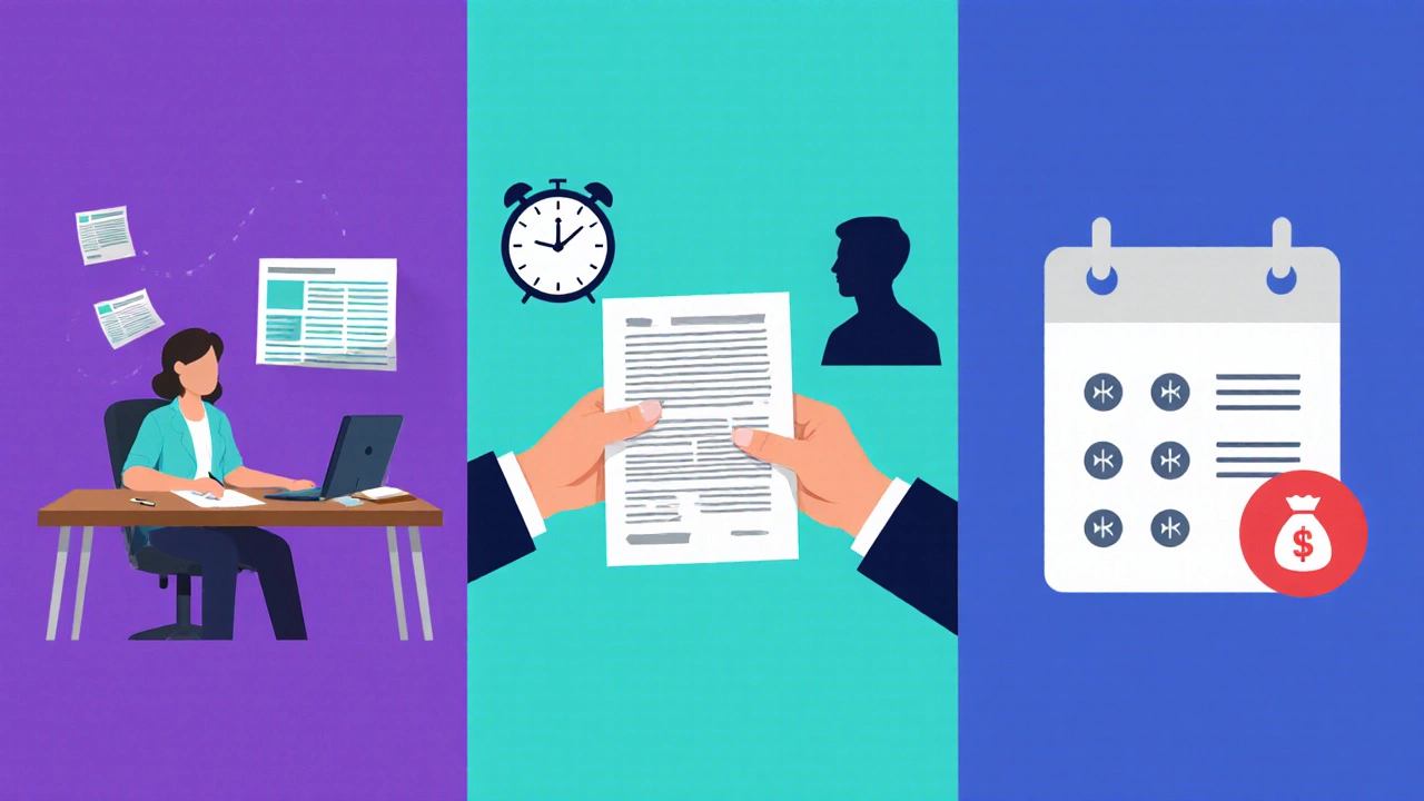 Three-panel illustration showing hourly editing, per‑article delivery, and retainer contract scenes.