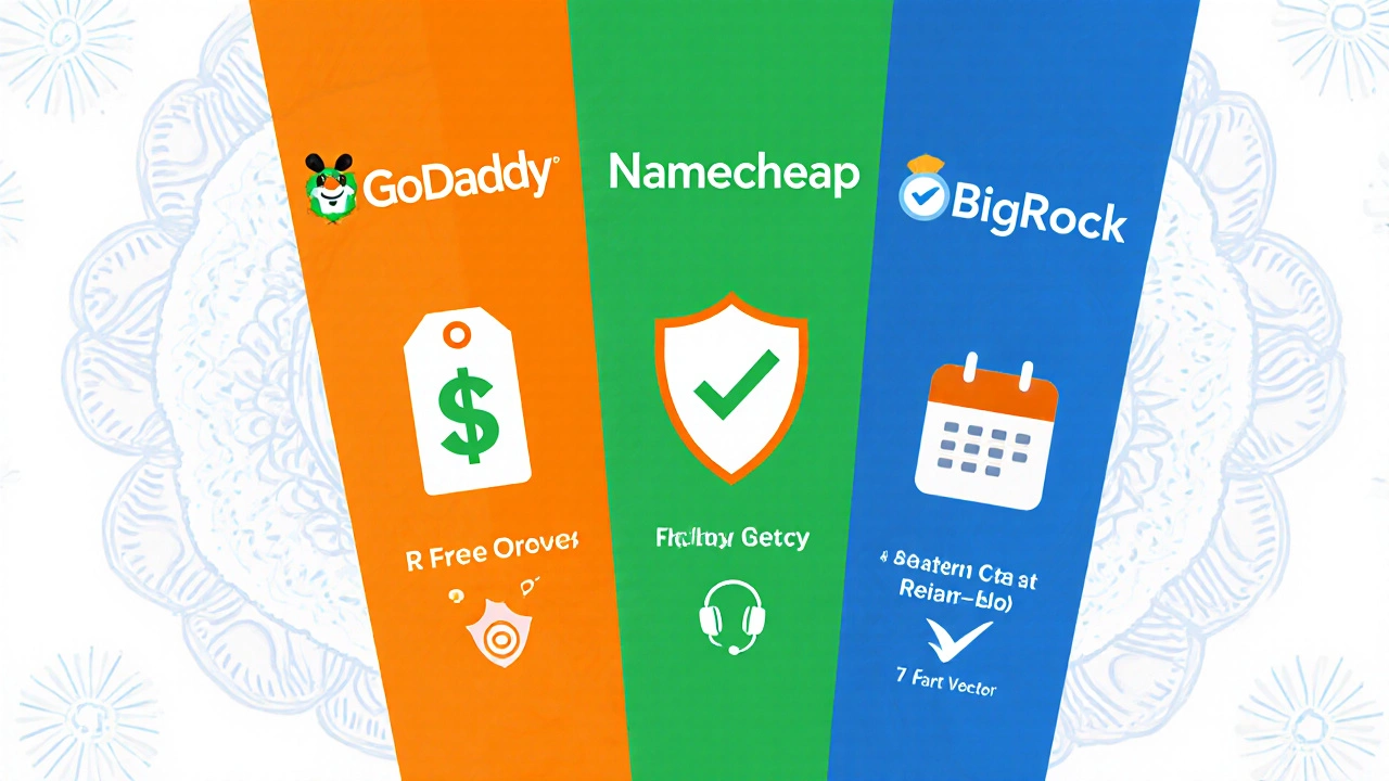 Three-section illustration comparing GoDaddy, Namecheap, and BigRock using icons for price, privacy, and support.