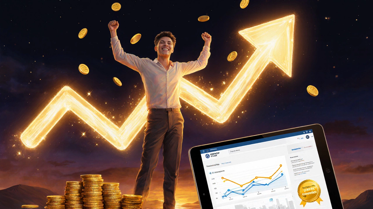 Writer standing beside a glowing upward arrow with floating coins, symbolizing income growth.